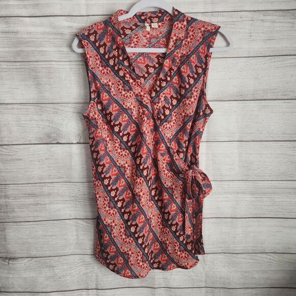 Cato Large Red Floral Sleeveless Wrap Cottagecore Blouse - Picture 1 of 8